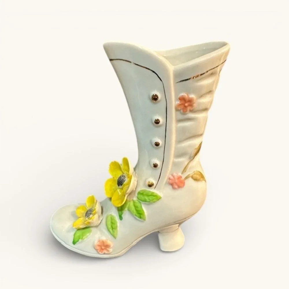 Vintage Ceramic High Heel Boot Vase – Porcelain‎ Floral Accent Décor